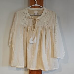 Shabby Chic Cream Eyelet Tie-Front Peasant Blouse